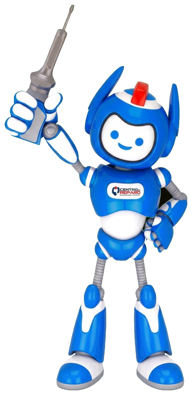 Mascote do Centro de Reparo segurando uma chave de fenda.